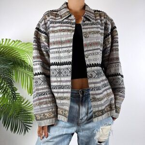 Vintage 90s Grunge Gray Silk Striped Floral Whimsygoth Cottagecore Shacket / L